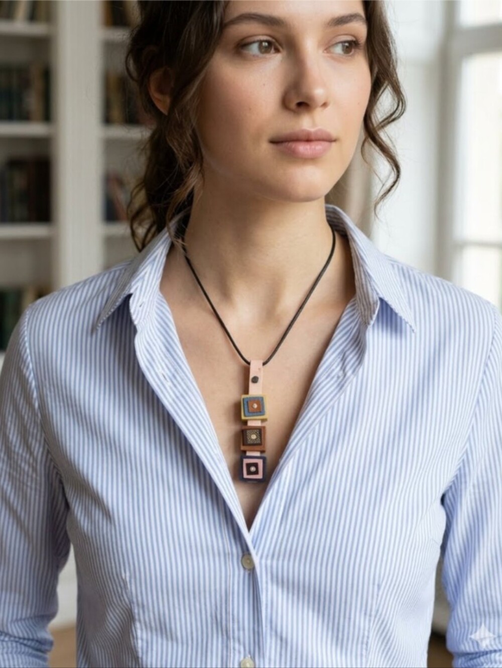 Handmade Multi-Color Square Geometric Pendant Necklace Pink Ostrich Black Cord